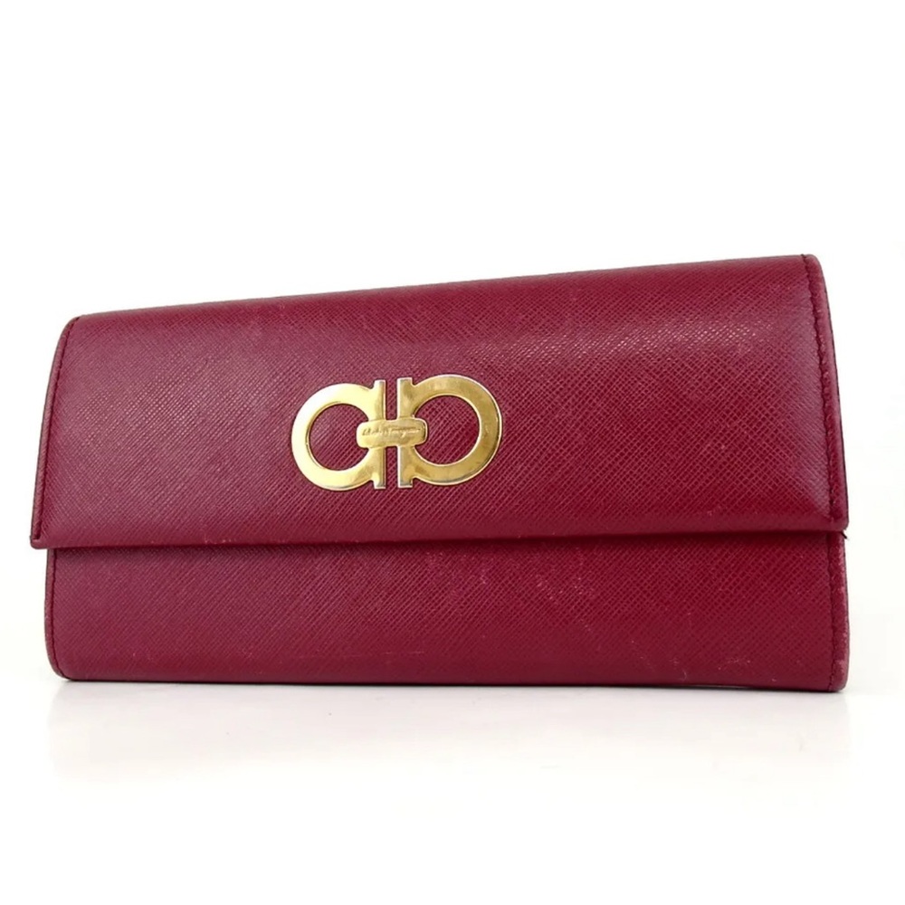 Authentic Salvatore Ferragamo Giancini Dark Pink/Red Leather Wallet Clutch